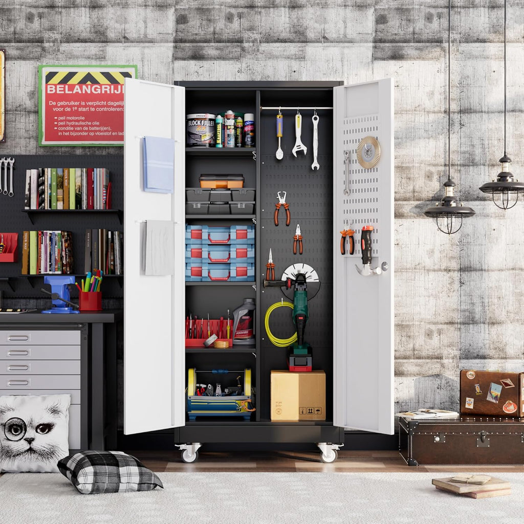 Broom Closet Storage Cabinet, Metal Cabinets With 13 Hooks And Hanging Rods, Metal Storage Cabinet, Heavy Duty Cleaning Cabinet For Garage, Laundry Room