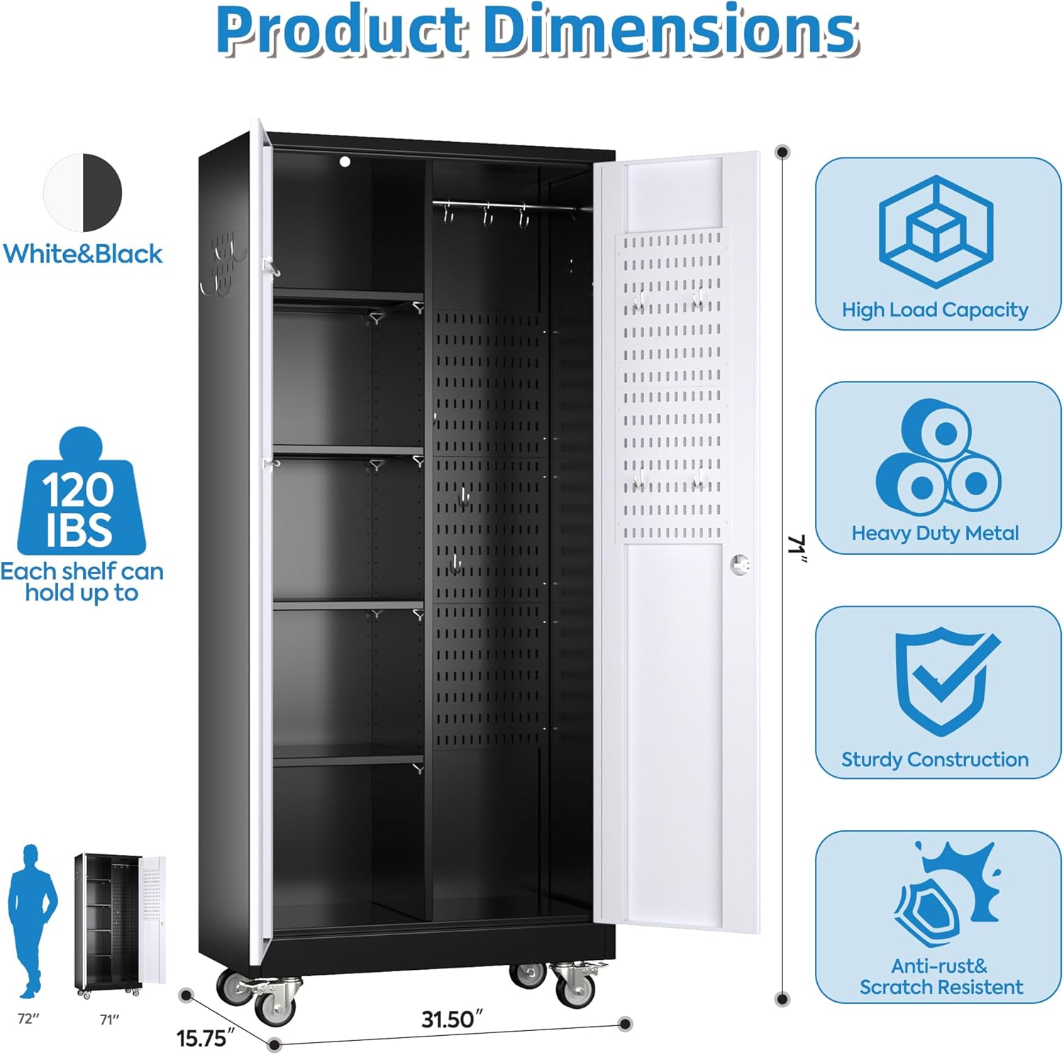 Broom Closet Storage Cabinet, Metal Cabinets With 13 Hooks And Hanging Rods, Metal Storage Cabinet, Heavy Duty Cleaning Cabinet For Garage, Laundry Room