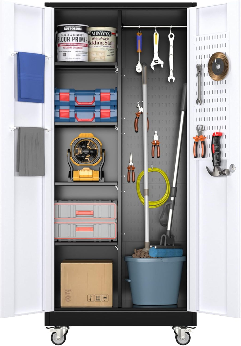 Broom Closet Storage Cabinet, Metal Cabinets With 13 Hooks And Hanging Rods, Metal Storage Cabinet, Heavy Duty Cleaning Cabinet For Garage, Laundry Room