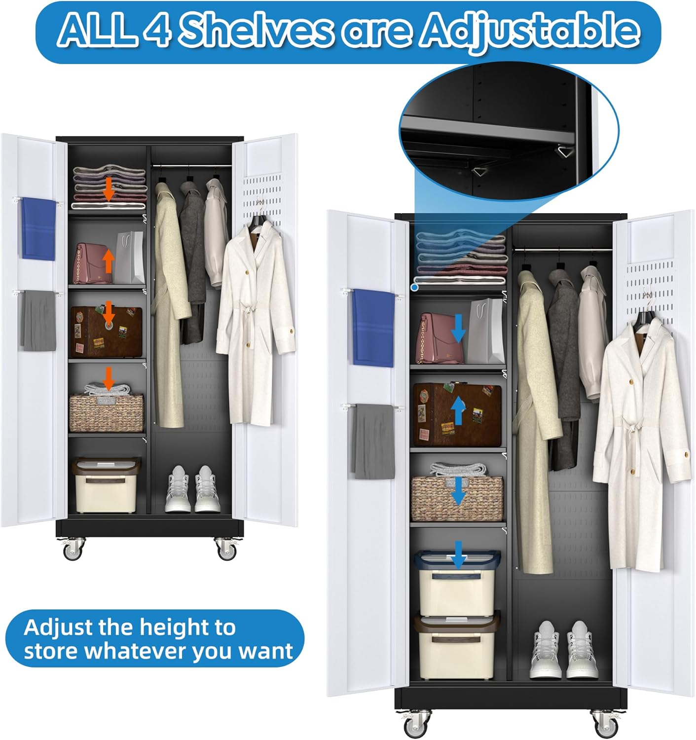 Broom Closet Storage Cabinet, Metal Cabinets With 13 Hooks And Hanging Rods, Metal Storage Cabinet, Heavy Duty Cleaning Cabinet For Garage, Laundry Room