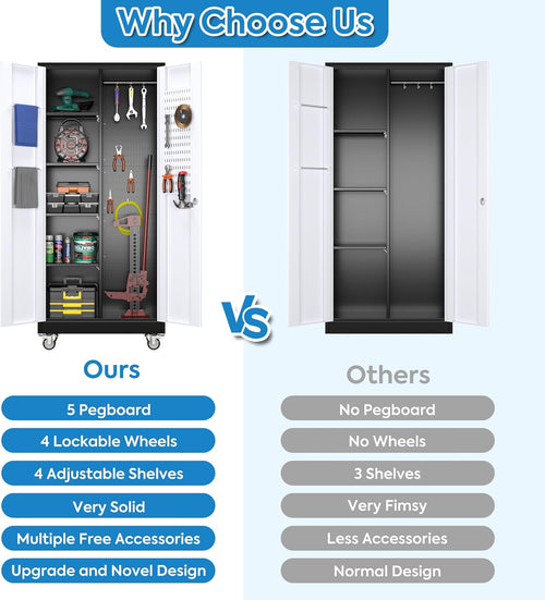 Broom Closet Storage Cabinet, Metal Cabinets With 13 Hooks And Hanging Rods, Metal Storage Cabinet, Heavy Duty Cleaning Cabinet For Garage, Laundry Room