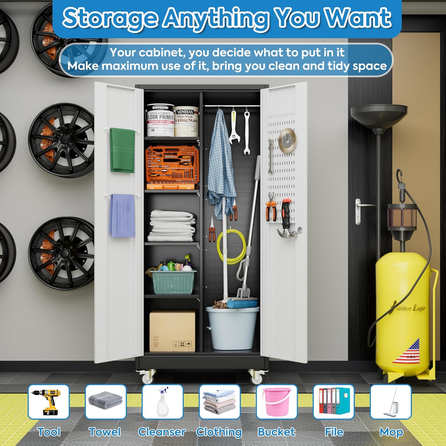 Broom Closet Storage Cabinet, Metal Cabinets With 13 Hooks And Hanging Rods, Metal Storage Cabinet, Heavy Duty Cleaning Cabinet For Garage, Laundry Room
