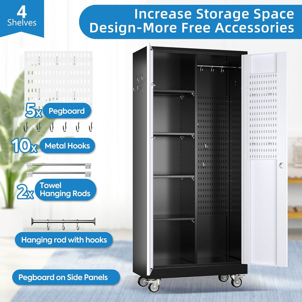 Broom Closet Storage Cabinet, Metal Cabinets With 13 Hooks And Hanging Rods, Metal Storage Cabinet, Heavy Duty Cleaning Cabinet For Garage, Laundry Room
