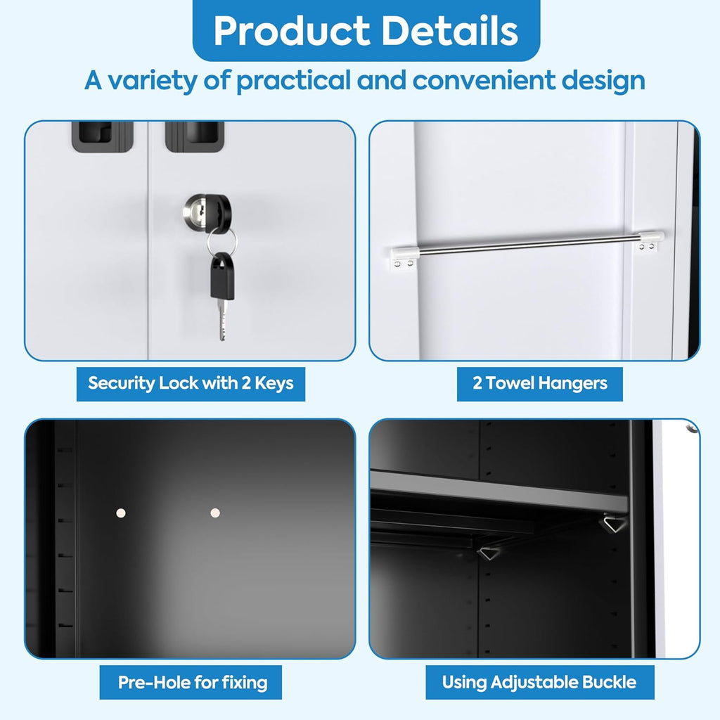 Broom Closet Storage Cabinet, Metal Cabinets With 13 Hooks And Hanging Rods, Metal Storage Cabinet, Heavy Duty Cleaning Cabinet For Garage, Laundry Room